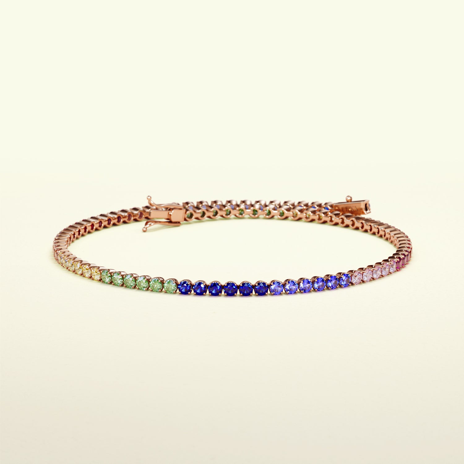 Klassisches Tennisarmband aus Roségold mit Regenbogen Saphiren. Von FENA daily Jewellery.