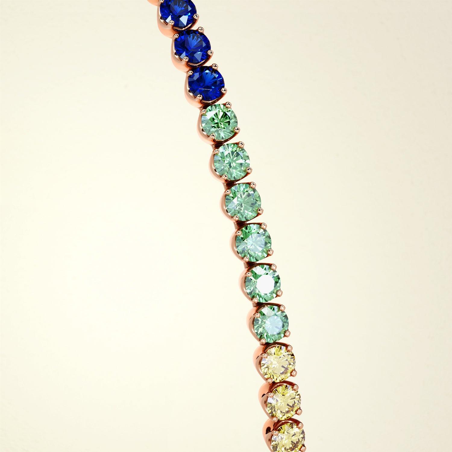 Nahaufnahme eines klassischen Tennisarmbands aus Roségold mit Regenbogen Saphiren. Von FENA daily Jewellery.