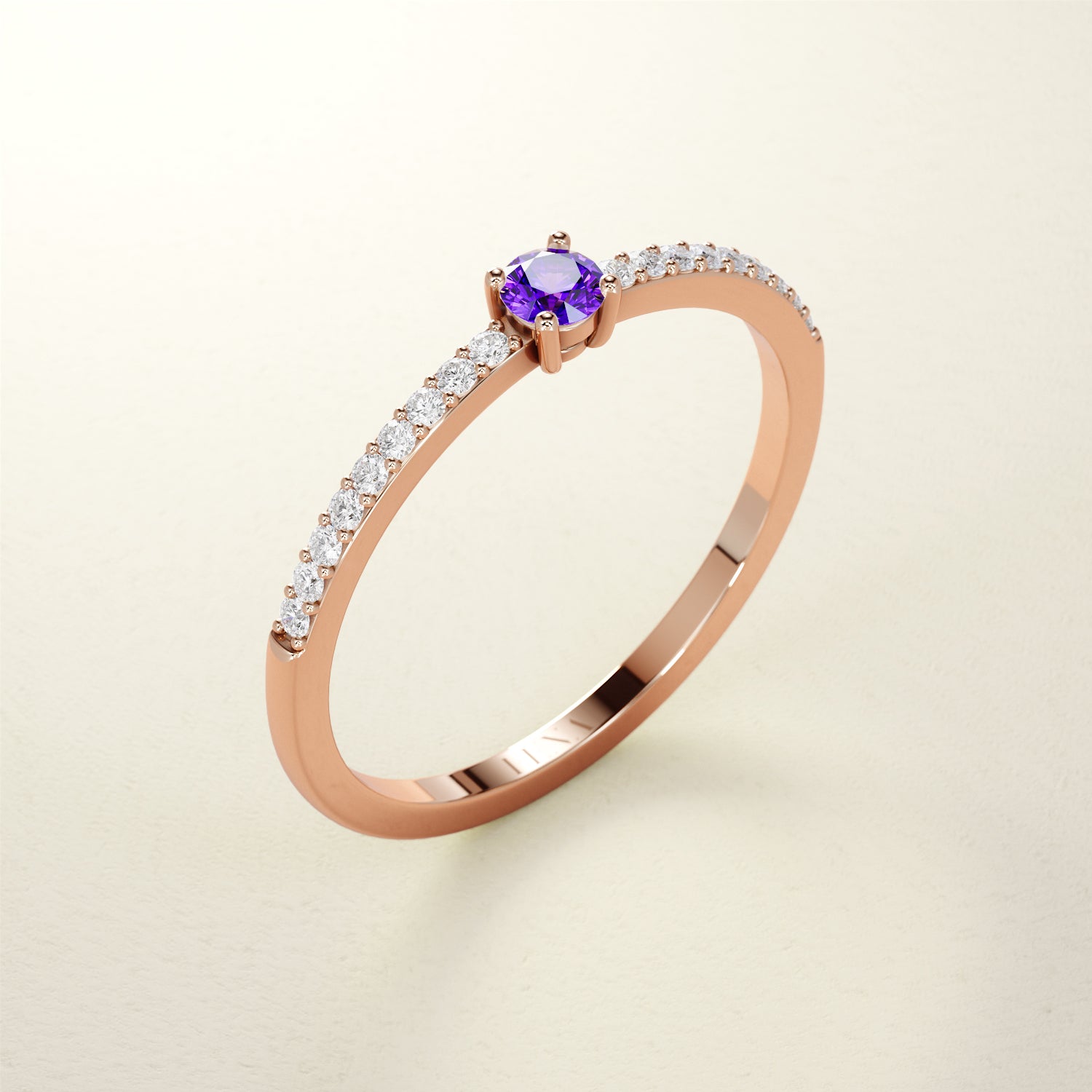 Birthstone Ring Februar in Roségold mit Amethyst und Diamanten. Von FENA daily Jewellery.